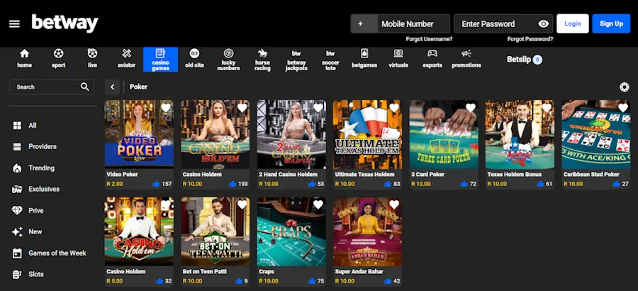 Betway Casino Poker Games Screenshot